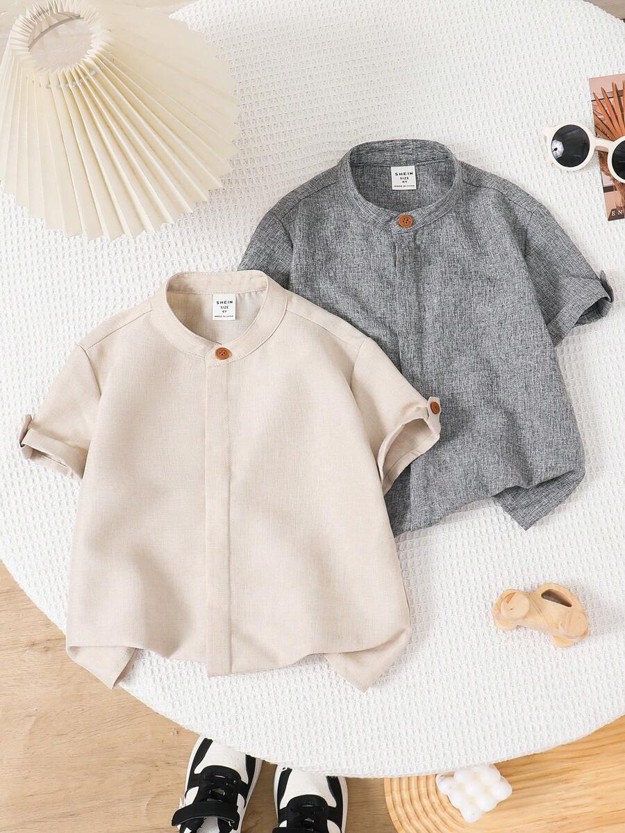 2 件装年轻男孩休闲舒适百搭纯色前开宽松编织短袖衬衫套装，适合旅行、学校、日常聚会、派对、春夏季