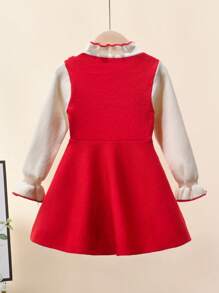 Young Girl Elegant Ruffle Collar Long Sleeve 2 In 1 Waist Cinched A-Line Sweater Dress, Casual & Minimalist - Red - View 2