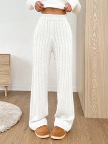 SHEIN EZwear 纯色高腰针织裤，休闲百搭秋冬 - 白色 - 查看 5