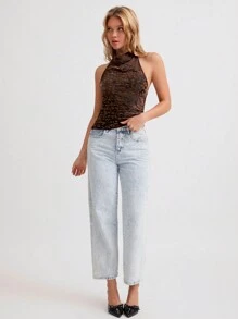Flirla 1 pieza Parte superior halter de mujer con estampado de leopardo vintage flockado de tela de malla, cintura entallada, adecuado para fiestas, camiseta de mujer con estampado de guepardo gráfico de otoño/invierno