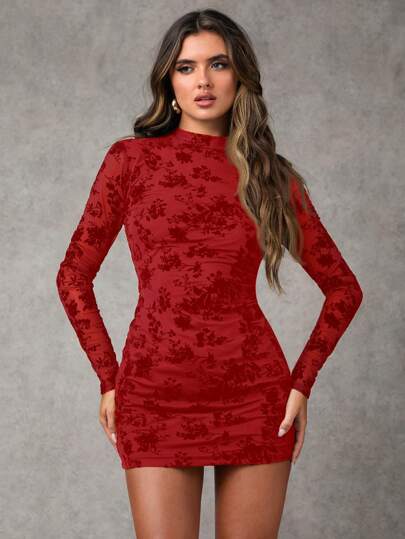 SHEIN BAE Women Elegant Floral Flocked Mesh Backless Fitted Mini Dress