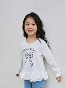 Young Girl' Spring/Autumn Long Sleeve Contrast Lace Cute T-Shirt Top - White - View 1