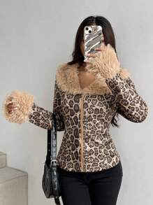 Flirla Chaqueta con cuello y puños de piel sintética con estampado de leopardo, de moda para el otoño
