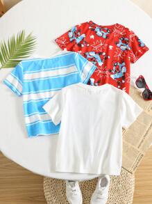 SHEIN Compra dos y llévate gratis. Camisa de punto de manga corta con cuello redondo suave y cómoda, de estilo casual y sencillo, práctica y versátil, adecuada para uso diario, la escuela, los viajes y los deportes, en primavera y verano, para niños pequeños.