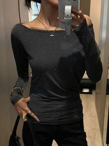 DAZY 女士优雅肩部缀饰亮片长袖T恤，秋季女装 - 灰色 - 查看 7