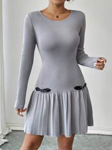 Elenzga Round Neck Knitted Sweater Dress With Waist Belt And Tuck Decor, Stylish Design For Women - Grey - View 6