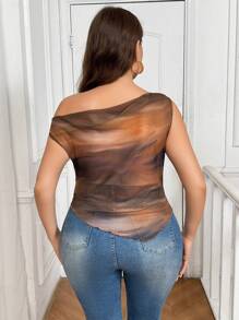 SHEIN Frenchy 大码女式扎染不对称无袖修身衬衫，浪漫简约法式风格 - 彩色 - 查看 2