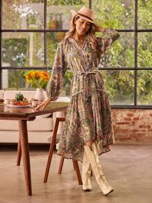 LanaWest Women's Casual Loose Fit Puff Sleeve High-Low Hemline Dress With Paisley Flower Print, Autumn Maxi Women Outfit - Multicolor - View 5
