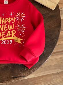 SHEIN 年轻男孩休闲日常舒适“2025 年新年快乐”烟花风景印花厚针织长袖运动衫，适合秋冬季 - 紅色 - 查看 5