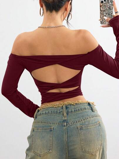 SHEIN EZwear Camiseta ligera de punto con hombros descubiertos de mujer para otoño/invierno estilo Y2K