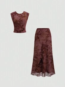 SHEIN Unity 2pcs/Set Women Casual Crew Neck Sleeveless Top And Skirt Set - Black - View 1