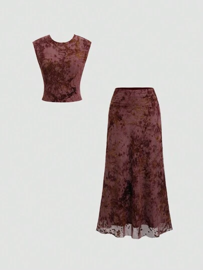 SHEIN Unity 2pcs/Set Women Casual Crew Neck Sleeveless Top And Skirt Set