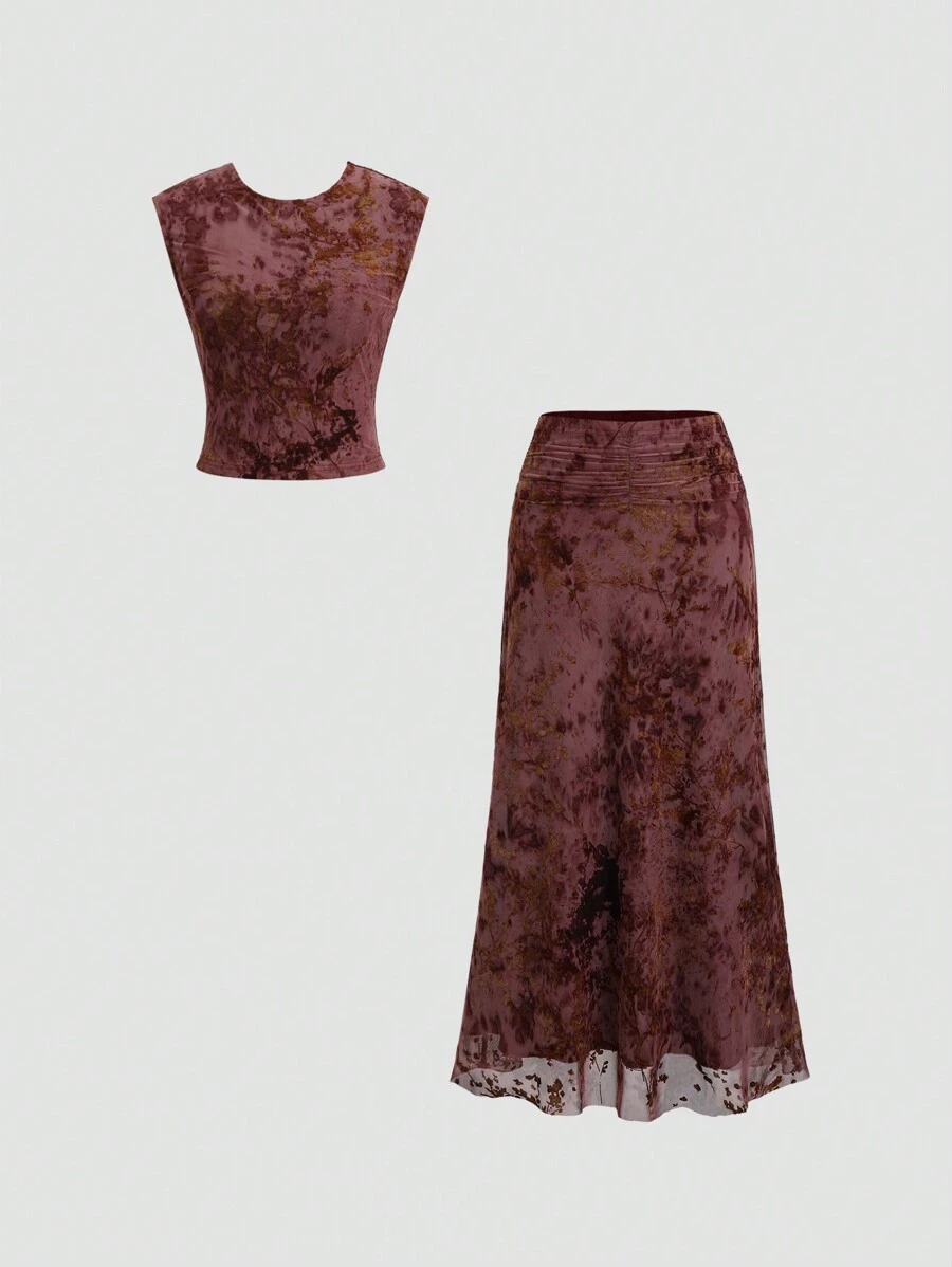 SHEIN Unity 2pcs/Set Women Casual Crew Neck Sleeveless Top And Skirt Set - Black - View 1