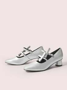 CUCCOO DOLLMOD Bowknot Chunky Heel Mary Jane High Heels For Women Valentines - Silver - View 6