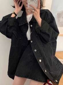 DAZY Women's Solid Color Button Front Casual Versatile Long Sleeve Denim Jacket - Black - View 4