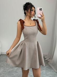 Selianne 新款女装，度假度假可爱设计，撞色蝴蝶结肩带，格子面料，适合日常、通勤、约会、外出、修身显瘦，多种造型选择，优雅精致，适合春、夏、秋、冬 - 彩色 - 查看 5