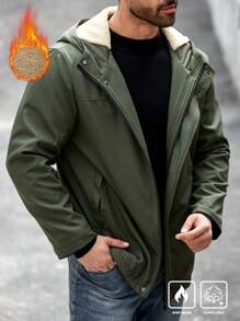 Manfinity Homme 大码男士纯色长袖保暖内衬连帽宽松休闲夹克，秋冬季外出连帽绿色夹克，适合朋友、丈夫、男朋友的礼物