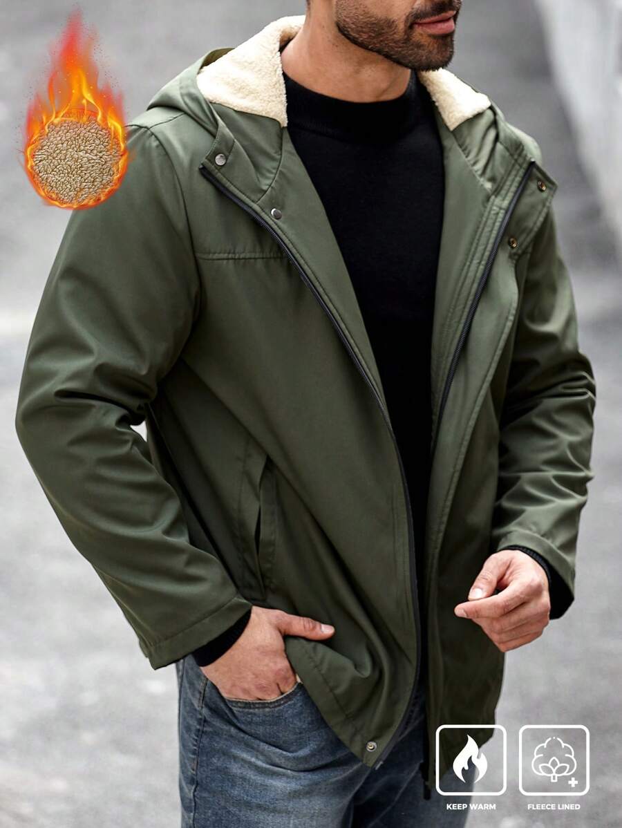 Manfinity Homme 大码男士纯色长袖保暖内衬连帽宽松休闲夹克，秋冬季外出连帽绿色夹克，适合朋友、丈夫、男朋友的礼物