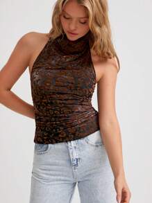 Flirla 1 pieza Parte superior halter de mujer con estampado de leopardo vintage flockado de tela de malla, cintura entallada, adecuado para fiestas, camiseta de mujer con estampado de guepardo gráfico de otoño/invierno