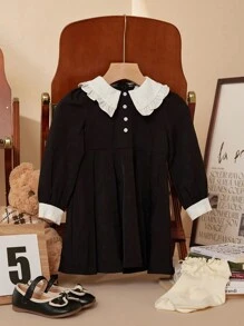 PrepCrw Vestido con mangas abullonadas y cuello color block lindo para niñas, otoño - Negro - View 1