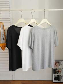Comfortcana 3pcs Plus Size Casual V-Neck Swing T-Shirt, Spring/Summer