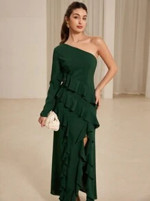 Aveloria Women's One Shoulder Long Sleeve Ruffle Hem Slit Dress, Suitable For Valentine's Day, Spring And Summer Fall Cloth For Women - Dark Green - View 5
