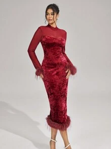 SHEIN Belle Vestido de cóctel elegante de cuello alto con contraste de malla, puño de peluche y ajuste ceñido, para uso en fiestas de vacaciones. Vestido elegante de princesa y celebridad de internet, popular para uso diario con efecto estilizador de cintura y cadera, adecuado para cenas formales, fiestas de baile, Navidad, Año Nuevo, San Valentín, boda y primavera.