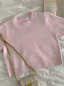 DAZY Blusa de punto ajustada de manga corta y cuello redondo para mujer, ropa casual de primavera y otoño - Rosa - Ver 4