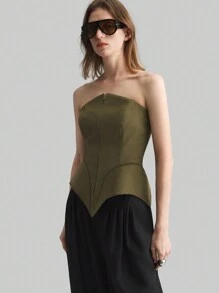 Ontre 女款四季军绿色高端简约上衣，弧形花瓣下摆抹胸，节日必备上衣 - 軍綠色 - 查看 5