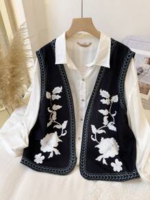 SHEIN Privé Plus Size Elegant Casual & Resort Style Western Collarless Sleeveless Short Jacket, Floral Print Vest