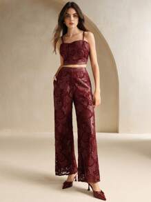 Anewsta 女款新年酒红色安哥拉红PU刺绣阔腿裤 - 酒紅色 - 查看 4