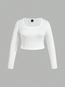 SHEIN EZwear 3pcs Women Plus Size Black, White, Gray U-Neck Tight Cropped Long Sleeve T-Shirts, Versatile Casual Undershirts, Outerwear, Suitable For Autumn/Winter, Back To School - Multicolor - View 6