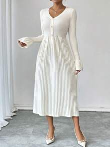Calvaya Elegant Ruffled Long Sleeve Knitted Pleated Dress, Versatile Sweater Dress For Women