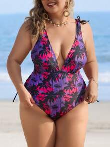 Swim Lushoire Plus Size Women Coconut Tree Print Drawstring Monokini Swimsuit For Beach Vacation Summer
