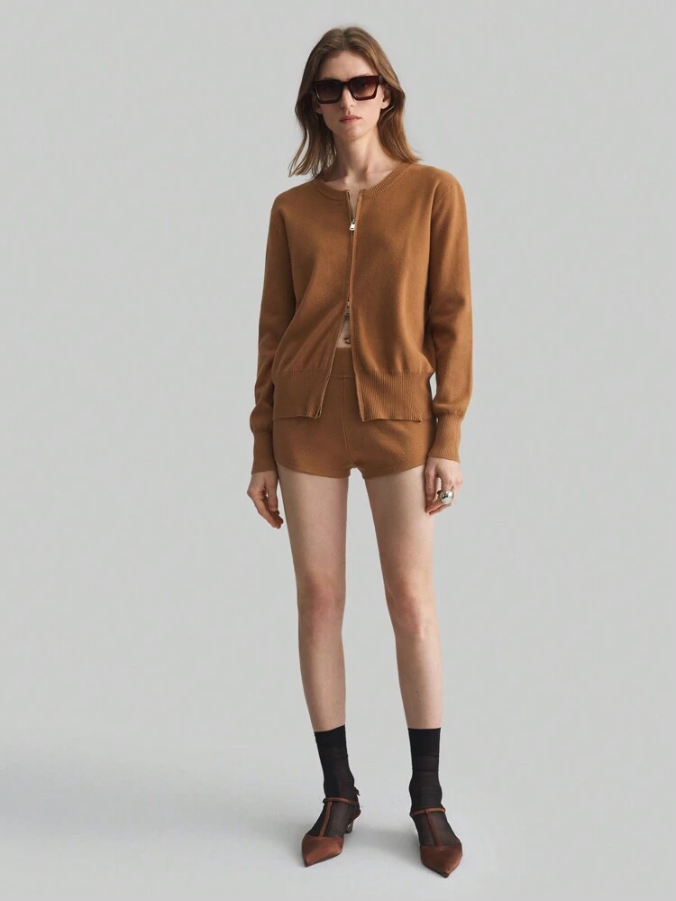 Women's Beige Simple And Fashionable New Year Spring Casual Solid Color Dual Zipper Cardigan & Shorts 2 Pieces Set