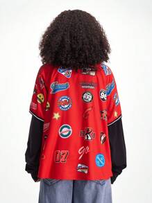 SHEIN Coolane 女式秋冬街头图案足球衬衫 - 紅色 - 查看 2