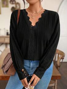 SHEIN LUNE Plus Size Casual Solid Color Lace Trim Batwing Sleeve T-Shirt For Autumn - Black - View 5