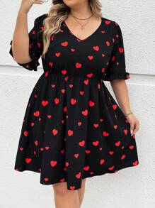 SHEIN CURVE+ CURVE PLUS /Valentine's Day/Plus Size Women's Doll Heart Print Dress - Black - View 5