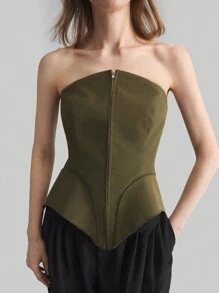 Ontre 女款四季军绿色高端简约上衣，弧形花瓣下摆抹胸，节日必备上衣 - 軍綠色 - 查看 3