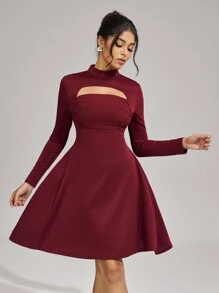SHEIN Belle 女士纯色长袖镂空优雅舞会礼服连衣裙时尚秋冬宴会聚会公主名媛优雅网红人气公主优雅日常装连衣裙女士晚宴舞会连衣裙圣诞新年情人节可穿冬春装婚礼宾客礼服 - 酒紅色 - 查看 5