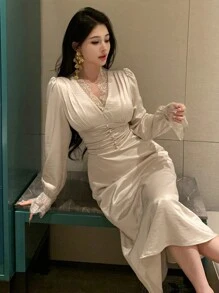 DAZY V 领蕾丝拼布泡泡袖中长连衣裙，适合女士舞会礼服，优雅、荷叶边、正式女士礼服，秋季长袖连衣裙 - 杏色 - 查看 9