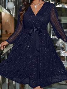 SHEIN Clasi Plus Size Women's Solid Color Rhinestone Decor V-Neck Mesh Long Sleeve Elegant Dress
