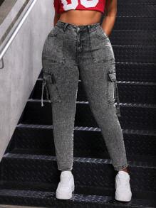 SHEIN EZwear Jeans de talla grande en negro, pantalones cargo casuales de mezclilla elástica y entallados