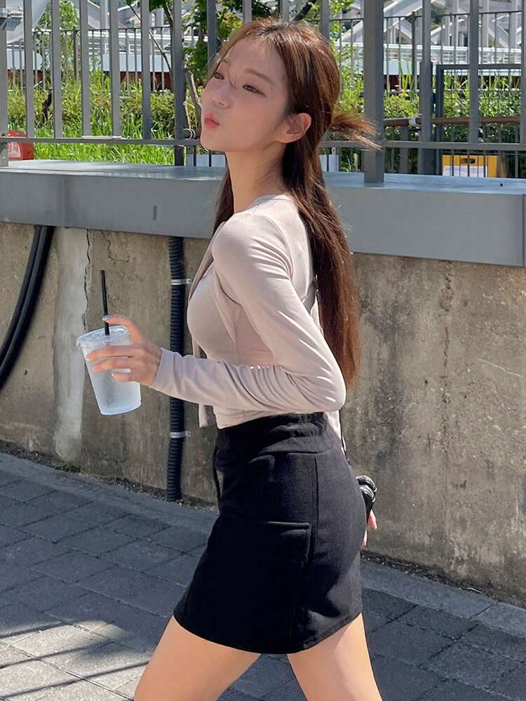 Women's Elastic Waist Drawstring Side Pocket Wrap Straight Hem Mini Skirt, Black, All Season,Pencil Skirt Sweater Shorts