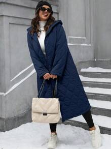 SHEIN LUNE Plus Size Casual Solid Color Hooded Long Winter Clothes Puffer Jacket Fall Cloth For Women Autumn - Navy Blue - View 3