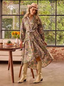 LanaWest Women's Casual Loose Fit Puff Sleeve High-Low Hemline Dress With Paisley Flower Print, Autumn Maxi Women Outfit - Multicolor - View 6