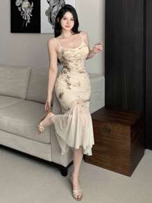 DAZY Robe en maille avec fleur incrustée sur le corps, robe mi-longue élégante en mousseline pour femme - Nude - Voir 7