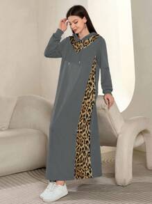 Mulvari Women Leopard Print Patchwork Hooded Sweatshirt Dress - Grey - View 7