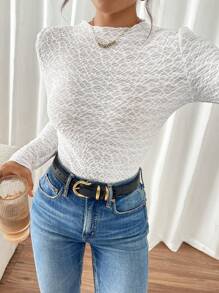 SHEIN Frenchy Áo thun bó sát tay dài cổ đứng thời trang cỡ lớn cho nữ, mùa thu - trắng - Xem 5