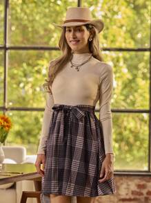 SHEIN LUNE Women's Stand Collar Long Sleeve Casual Plaid Patchwork Knit Dress Fall Cloth For Women - Apricot - View 3